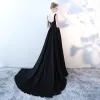 Elegant Black White Evening Dresses  2018 Empire High Neck Sleeveless Sequins Court Train Backless Formal Dresses