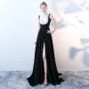 Elegant Black White Evening Dresses  2018 Empire High Neck Sleeveless Sequins Court Train Backless Formal Dresses