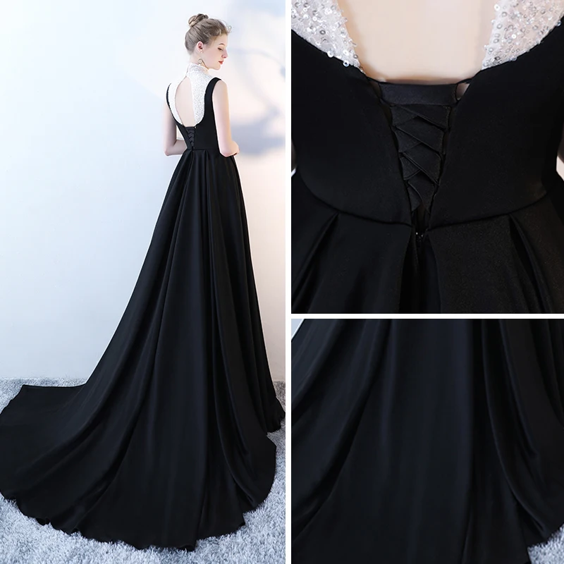 Elegant Black White Evening Dresses 2018 Empire High Neck Sleeveless  Sequins Court Train Backless Formal Dresses
