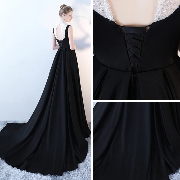 Elegant Black White Evening Dresses 2018 Empire High Neck Sleeveless Sequins Court Train Backless Formal Dresses