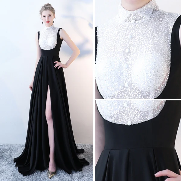 Elegante Schwarz Weiß Abendkleider 2018 Empire Stehkragen Ärmellos Pailletten Hof-Schleppe Rückenfreies Festliche Kleider