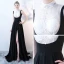 Elegante Schwarz Weiß Abendkleider 2018 Empire Stehkragen Ärmellos Pailletten Hof-Schleppe Rückenfreies Festliche Kleider