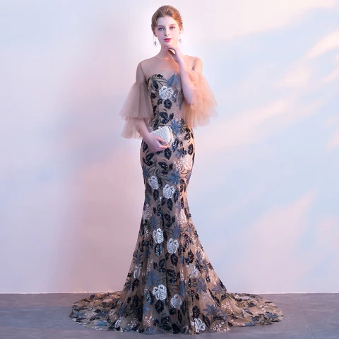 Elegantes Champán Traspasado Vestidos de noche 2018 Trumpet / Mermaid Scoop Escote 3/4 Ærmer Bordado Lentejuelas Colas De La Corte Ruffle Vestidos Formales