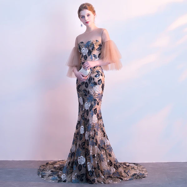 Eleganta Champagne Pierced Aftonklänningar 2018 Trumpet / Sjöjungfru Urringning 3/4 ärm Broderade Paljetter Domstol Tåg Ruffle Formella Klänningar