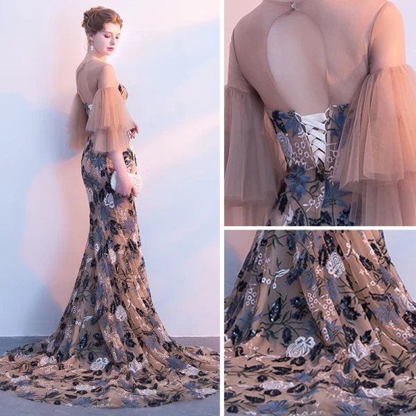 Eleganta Champagne Pierced Aftonklänningar 2018 Trumpet / Sjöjungfru Urringning 3/4 ärm Broderade Paljetter Domstol Tåg Ruffle Formella Klänningar