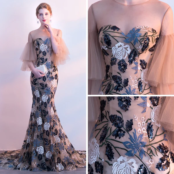 Eleganta Champagne Pierced Aftonklänningar 2018 Trumpet / Sjöjungfru Urringning 3/4 ärm Broderade Paljetter Domstol Tåg Ruffle Formella Klänningar