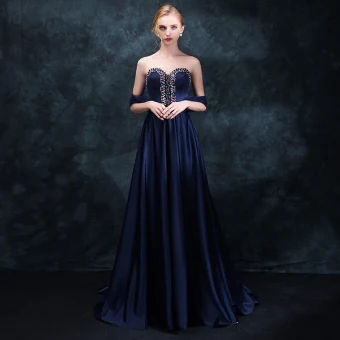 Classique Bleu Marine Robe De Soirée 2018 Empire Amoureux Sans Manches Perlage Faux Diamant Ceinture Train De Balayage Volants Dos Nu Robe De Ceremonie
