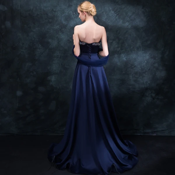 Klassisk Mørk Marineblå Selskapskjoler 2018 Empire Kjæreste Uten Ermer Beading Rhinestone Sash Feie Tog Buste Ryggløse Formelle Kjoler