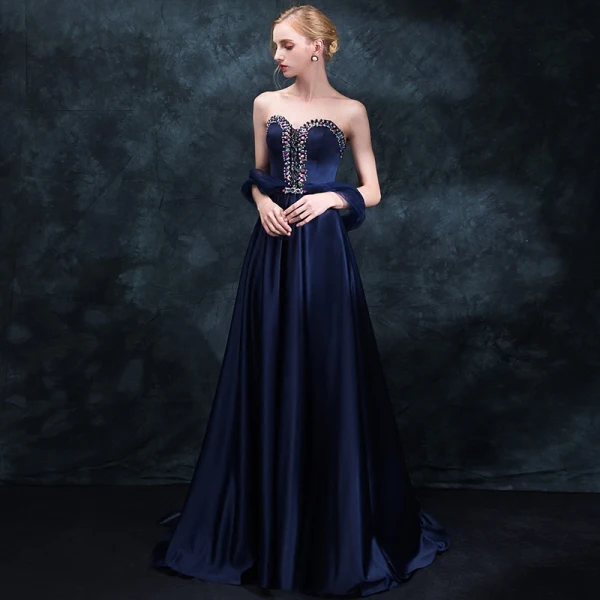 Klassisk Mørk Marineblå Selskapskjoler 2018 Empire Kjæreste Uten Ermer Beading Rhinestone Sash Feie Tog Buste Ryggløse Formelle Kjoler