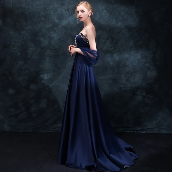 Klassisk Mørk Marineblå Selskapskjoler 2018 Empire Kjæreste Uten Ermer Beading Rhinestone Sash Feie Tog Buste Ryggløse Formelle Kjoler
