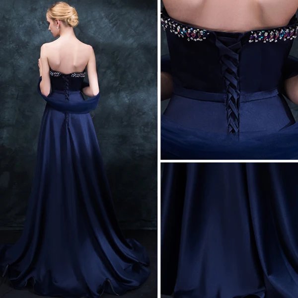 Klassisk Mørk Marineblå Selskapskjoler 2018 Empire Kjæreste Uten Ermer Beading Rhinestone Sash Feie Tog Buste Ryggløse Formelle Kjoler