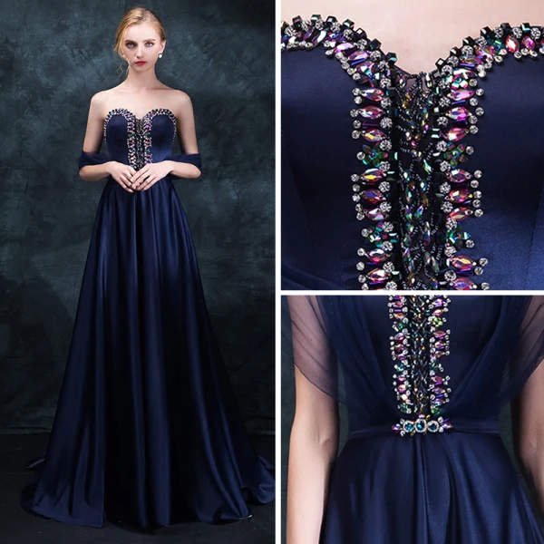 Klassisk Mørk Marineblå Selskapskjoler 2018 Empire Kjæreste Uten Ermer Beading Rhinestone Sash Feie Tog Buste Ryggløse Formelle Kjoler