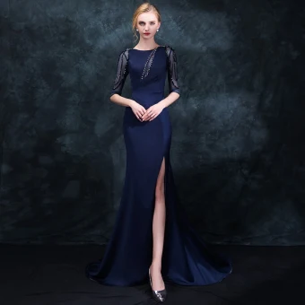 Elegant Navy Blue Evening Dresses 2018 Trumpet Mermaid Scoop Neck 1 2 Sleeves Beading Rhinestone Split Front Sweep Train Ruffle Formal Dresses