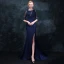 Elegante Marineblau Abendkleider 2018 Meerjungfrau Rundhalsausschnitt 1/2 Ärmel Perlenstickerei Strass Gespaltete Front Sweep / Pinsel Zug Rüschen Festliche Kleider