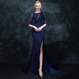 Elegant Navy Blue Evening Dresses 2018 Trumpet Mermaid Scoop Neck 1 2 Sleeves Beading Rhinestone Split Front Sweep Train Ruffle Formal Dresses