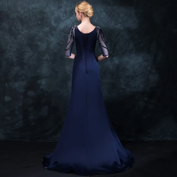 Elegante Marineblau Abendkleider 2018 Meerjungfrau Rundhalsausschnitt 1/2 Ärmel Perlenstickerei Strass Gespaltete Front Sweep / Pinsel Zug Rüschen Festliche Kleider