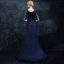 Elegante Marineblau Abendkleider 2018 Meerjungfrau Rundhalsausschnitt 1/2 Ärmel Perlenstickerei Strass Gespaltete Front Sweep / Pinsel Zug Rüschen Festliche Kleider
