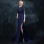 Elegante Marineblau Abendkleider 2018 Meerjungfrau Rundhalsausschnitt 1/2 Ärmel Perlenstickerei Strass Gespaltete Front Sweep / Pinsel Zug Rüschen Festliche Kleider