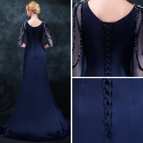 Elegante Marineblau Abendkleider 2018 Meerjungfrau Rundhalsausschnitt 1/2 Ärmel Perlenstickerei Strass Gespaltete Front Sweep / Pinsel Zug Rüschen Festliche Kleider