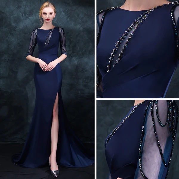 Elegante Marineblau Abendkleider 2018 Meerjungfrau Rundhalsausschnitt 1/2 Ärmel Perlenstickerei Strass Gespaltete Front Sweep / Pinsel Zug Rüschen Festliche Kleider