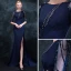 Elegante Marineblau Abendkleider 2018 Meerjungfrau Rundhalsausschnitt 1/2 Ärmel Perlenstickerei Strass Gespaltete Front Sweep / Pinsel Zug Rüschen Festliche Kleider