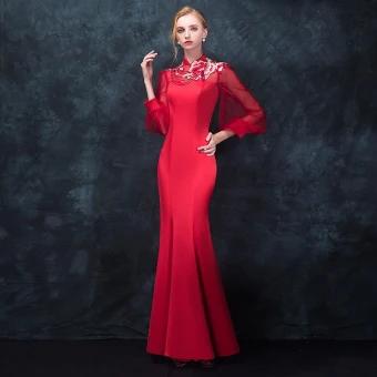 Style Chinois Rouge Percé Robe De Soirée 2018 Trompette Sirène Col Haut Manches Longues Brodé Perlage Longue Volants Robe De Ceremonie