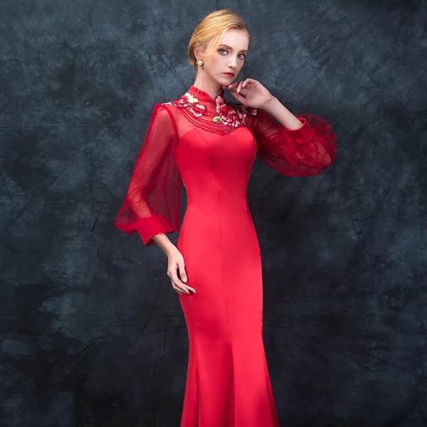 Chinese style Red Pierced Evening Dresses 2018 Trumpet / Mermaid High Neck Long Sleeve Embroidered Beading Floor-Length / Long Ruffle Formal Dresses
