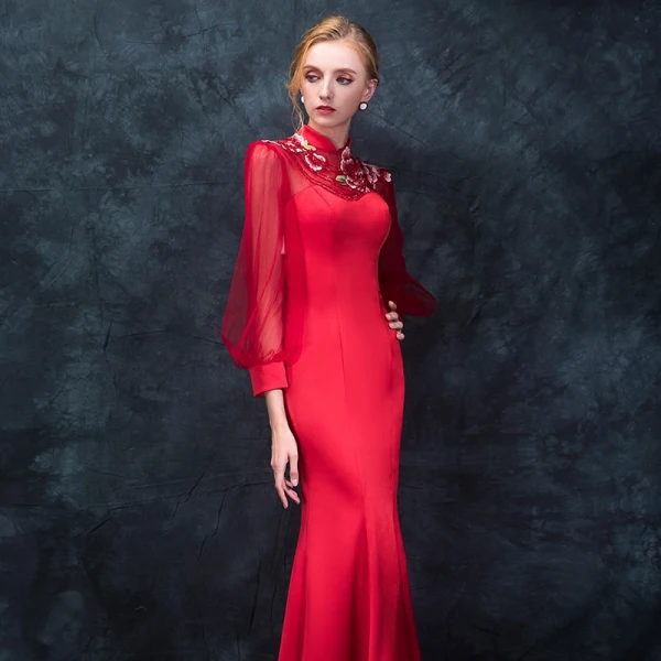 Chinese style Red Pierced Evening Dresses 2018 Trumpet / Mermaid High Neck Long Sleeve Embroidered Beading Floor-Length / Long Ruffle Formal Dresses