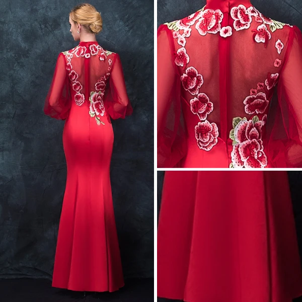 Chinese style Red Pierced Evening Dresses 2018 Trumpet / Mermaid High Neck Long Sleeve Embroidered Beading Floor-Length / Long Ruffle Formal Dresses