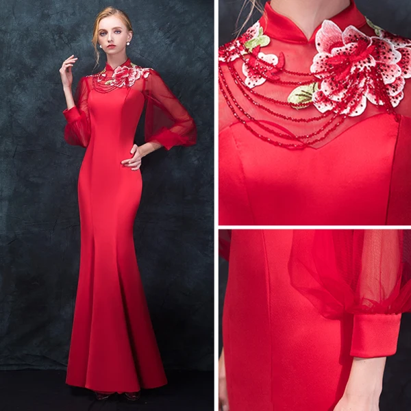 Chinese style Red Pierced Evening Dresses 2018 Trumpet / Mermaid High Neck Long Sleeve Embroidered Beading Floor-Length / Long Ruffle Formal Dresses