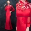 Chinese style Red Pierced Evening Dresses  2018 Trumpet / Mermaid High Neck Long Sleeve Embroidered Beading Floor-Length / Long Ruffle Formal Dresses