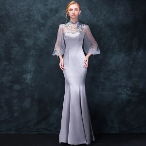 Style Chinois Gris Percé Robe De Soirée 2018 Trompette Sirène Col Haut Manches Longues Brodé Perlage Longue Volants Robe De Ceremonie