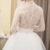 Elegant Ivory Pierced Wedding Dresses 2018 Empire High Neck Long Sleeve Beading Lace Chapel Train Ruffle