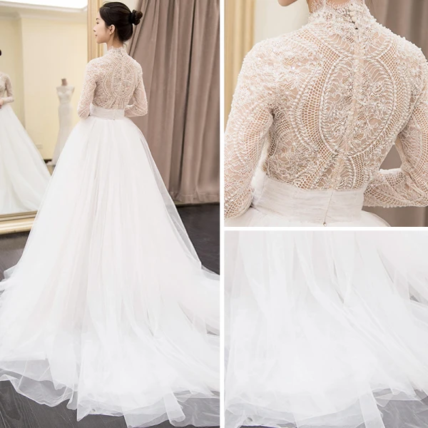 Élégant Ivoire Percé Robe De Mariée 2018 Empire Col Haut Manches Longues Perlage En Dentelle Chapel Train Volants