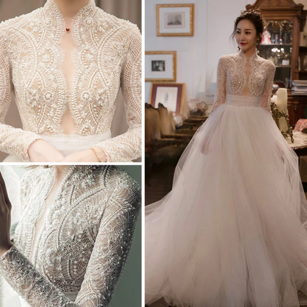 Élégant Ivoire Percé Robe De Mariée 2018 Empire Col Haut Manches Longues Perlage En Dentelle Chapel Train Volants