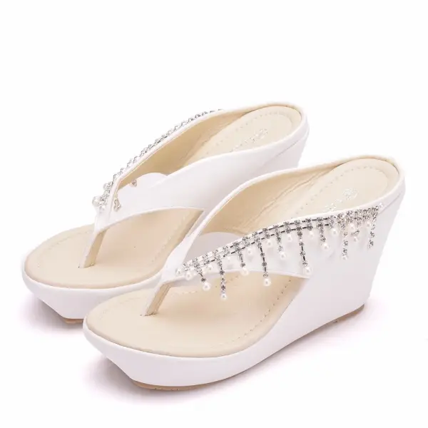 Chic / Beautiful White Pearl Rhinestone Tassel Beach Womens Sandals 2024 9 cm Wedges Open / Peep Toe Sandals