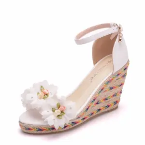 Chic Beautiful White Prom Braid Appliques Womens Sandals 2025 Ankle Strap 9 Cm Wedges Open Peep Toe Sandals