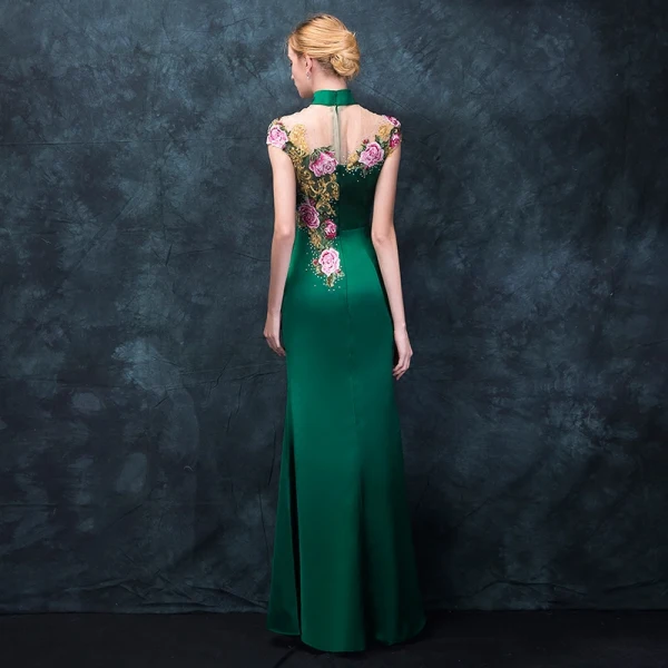Chinese style Dark Green Pierced Evening Dresses 2018 Trumpet / Mermaid High Neck Sleeveless Embroidered Rhinestone Floor-Length / Long Formal Dresses