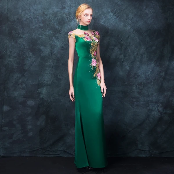 Chinese style Dark Green Pierced Evening Dresses 2018 Trumpet / Mermaid High Neck Sleeveless Embroidered Rhinestone Floor-Length / Long Formal Dresses