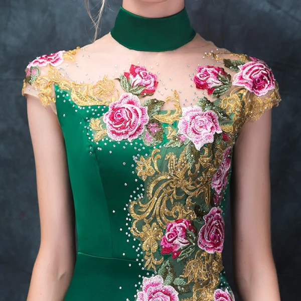 Chinese style Dark Green Pierced Evening Dresses 2018 Trumpet / Mermaid High Neck Sleeveless Embroidered Rhinestone Floor-Length / Long Formal Dresses