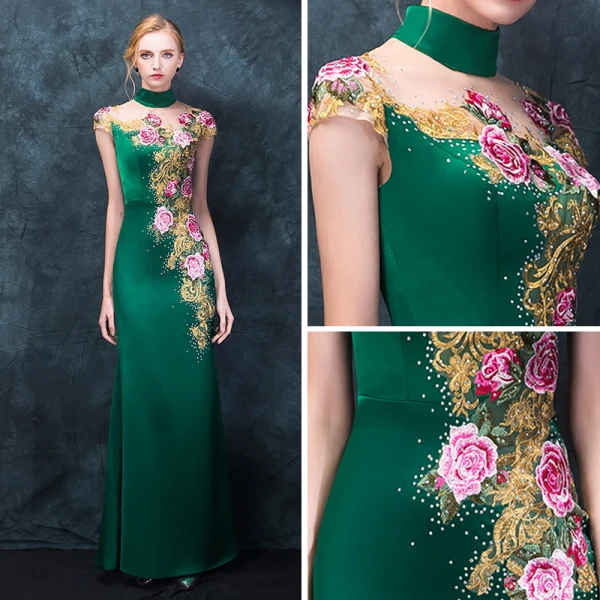 Chinese style Dark Green Pierced Evening Dresses 2018 Trumpet / Mermaid High Neck Sleeveless Embroidered Rhinestone Floor-Length / Long Formal Dresses