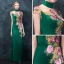 Chinese style Dark Green Pierced Evening Dresses  2018 Trumpet / Mermaid High Neck Sleeveless Embroidered Rhinestone Floor-Length / Long Formal Dresses