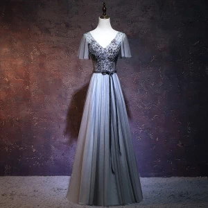 Chic Belle Gris Robe De Soirée 2018 Princesse V Cou Manches Courtes Ceinture Perlage Longue Volants Dos Nu Robe De Ceremonie