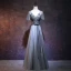 Chic / Beautiful Grey Evening Dresses  2018 A-Line / Princess V-Neck Short Sleeve Sash Beading Floor-Length / Long Ruffle Backless Formal Dresses