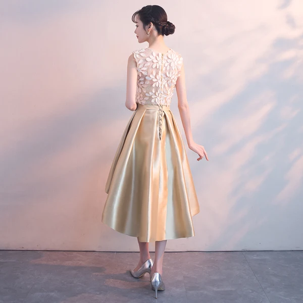 High Low 2 Piece Champagne See-through Cocktail Dresses 2018 A-Line / Princess Scoop Neck Sleeveless Appliques Lace Asymmetrical Ruffle Formal Dresses