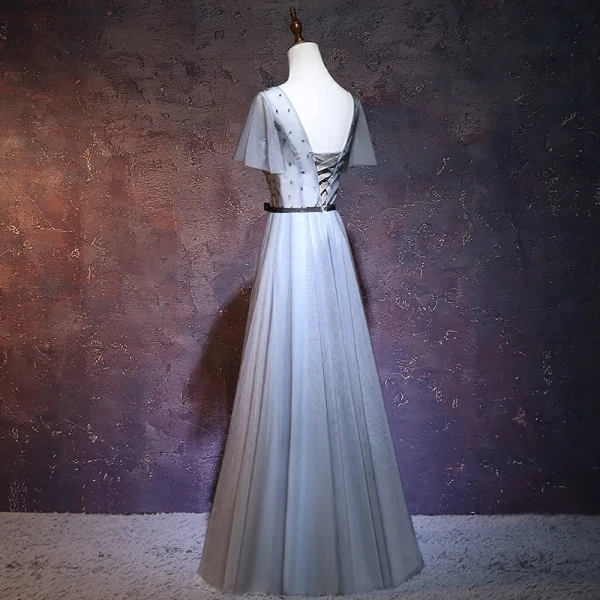 Chic / Beautiful Grey Evening Dresses  2018 A-Line / Princess V-Neck Short Sleeve Sash Beading Floor-Length / Long Ruffle Backless Formal Dresses