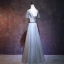 Chic / Beautiful Grey Evening Dresses  2018 A-Line / Princess V-Neck Short Sleeve Sash Beading Floor-Length / Long Ruffle Backless Formal Dresses
