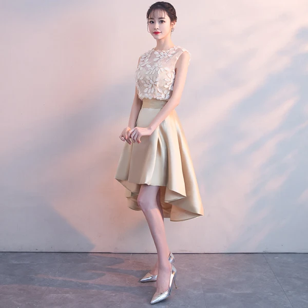 High Low 2 Piece Champagne See-through Cocktail Dresses 2018 A-Line / Princess Scoop Neck Sleeveless Appliques Lace Asymmetrical Ruffle Formal Dresses