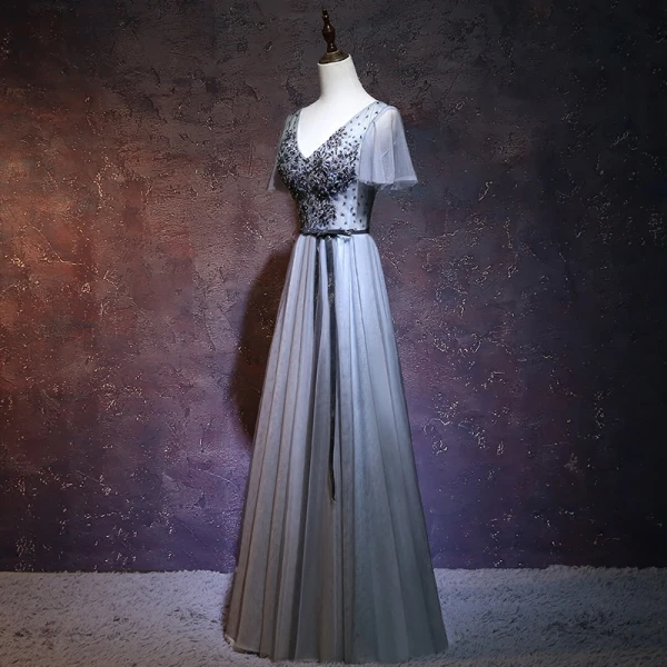Chic / Beautiful Grey Evening Dresses  2018 A-Line / Princess V-Neck Short Sleeve Sash Beading Floor-Length / Long Ruffle Backless Formal Dresses