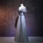 Chic / Beautiful Grey Evening Dresses  2018 A-Line / Princess V-Neck Short Sleeve Sash Beading Floor-Length / Long Ruffle Backless Formal Dresses